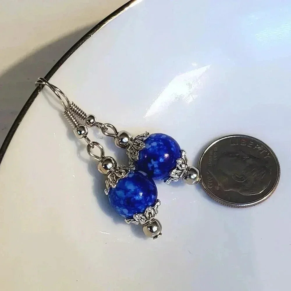 Art Nouveau Mottled Cobalt Blue White Glass Beads Antiqued Silver Earrings